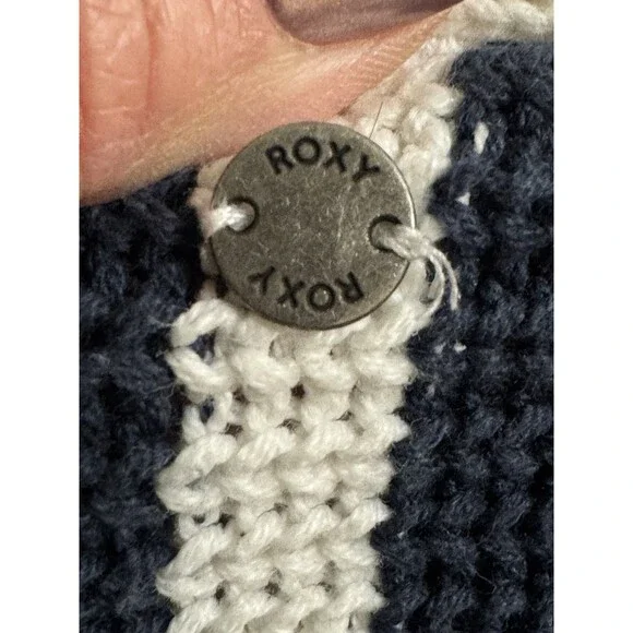 Roxy Cardigan Sweater Women's Navy Blue White Striped Classic M Long Line Cotton - Picture 4 of 9